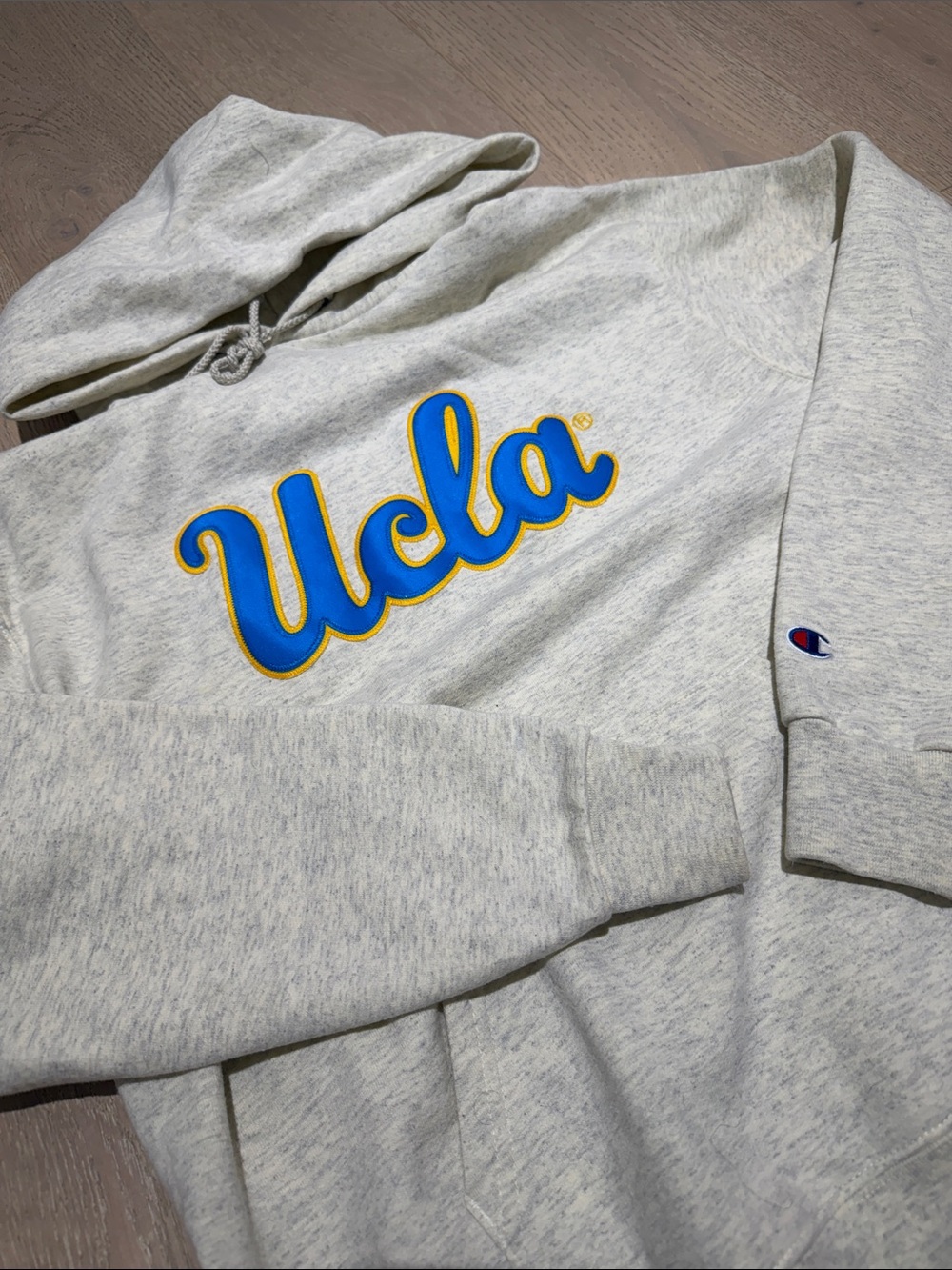 Champion UCLA Heather Gray Crewneck Hoodie with Blue and Gold Script